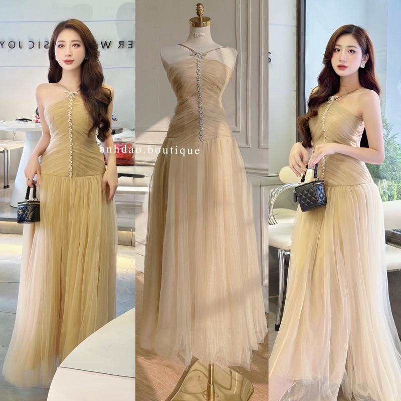 Váy Đầm Maxi Cổ Yếm Kết Đá Xoè Công Chúa Dự Tiệc Sang Trọng Size S M V711 AĐ BOUTIQUE