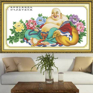 Tranh thêu Phật Di Lặc hoa mẫu đơn H1944 - kích thước: 210 * 85cm. (TRANH CHƯA LÀM)