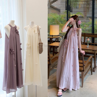 Petbychang / Váy maxi đính bông nổi vải tơ đũi mát dành cho mùa hè