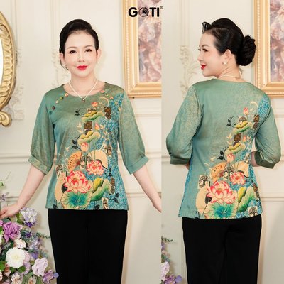 GOTI Áo Trung Niên Áo Lụa Nữ Công Sở Cao Cấp, Dáng Suông Phối Nút Hoạ Tiết In Hoa Thanh Lịch 3A50