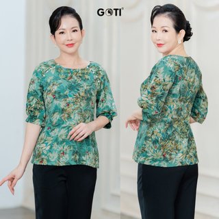 GOTI Quà Tặng Mẹ Áo Lụa Trung Niên Kiểu Hoạ Tiết Hoa Đính Hạt Ngọc Cao Cấp Sang Trọng 3A52