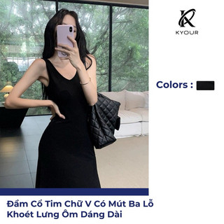 KYOUR Đầm Cổ Tim Chữ V Có Mút Ba Lỗ Khoét Lưng Ôm Dáng Dài Phong Cách Quyến Rũ