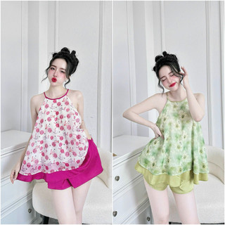 Yếm ngủ lụa đồ bộ mặc nhà áo 2dây quần đùi chất liệu cao cấp hè mặc mát.