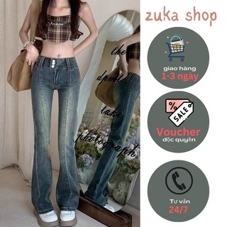 Quần bò ống loe 2 gân trước, quần jeans ống loe Cạp Cao 3 cúc xanh rêu siêu xinh ND21
