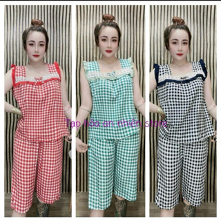 T51 (40-80KG) Đồ bộ lửng nữ Không Túi lụa hàn phối ren sọc caro