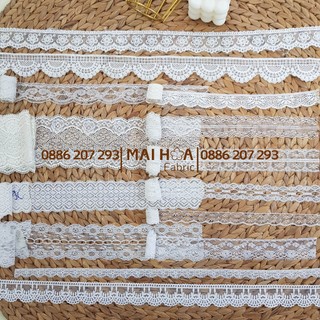 Cuộn ren viền may đồ, ruy băng ren trang trí, vải ren lưới màu trắng nhiều kích cỡ, tiệm vải Mai Hoa