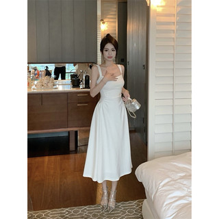 Váy Hai Dây Nữ Màu Trắng Dáng Dài Chít Eo Cao