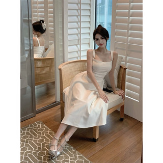Váy Hai Dây Nữ Màu Trắng Dáng Dài Chít Eo Cao