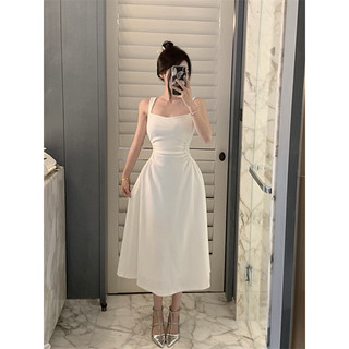 Váy Hai Dây Nữ Màu Trắng Dáng Dài Chít Eo Cao
