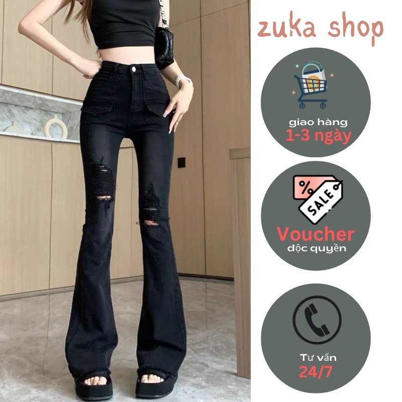 Quần Jeans ống loe Rách gối , quần bò ống loe tua rua gấu siêu xinh HOT Trend ND03