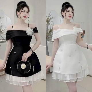 BIGSIZETIX (D101) Đầm dự tiệc tiểu thư thiết kế trễ vai phối tầng voan đính hoa sang chảnh 50-90kg