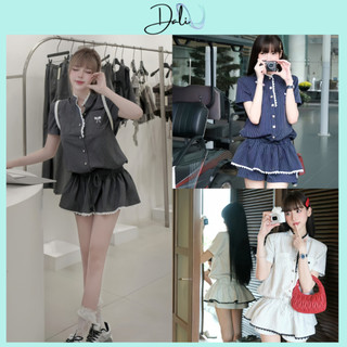 Set Jum Kẻ Cộc Tay Cổ Tàu Phối Viền Ren Thêu Nơ Túi + Quần Short Chất Liệu Kẻ Hàn