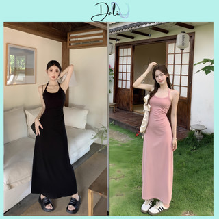 Váy Body Dây Cổ Yếm Dáng Dài Chất Liệu Thun Gân Co Dãn