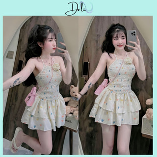 Đầm Bo Chun Cổ Yếm Đính Hoa In Hoạ Tiết Dáng Xoè 2 Tầng Có Quần Trong