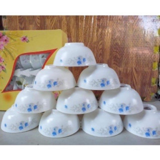  Bộ 10 bát ăn cơm sứ trắng ngọc họa tiết hoa xanh-Hoa tím- Chén sứ ăn cơm 