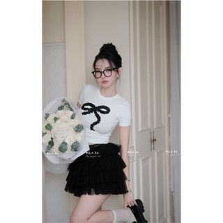 Set áo đính nơ kèm chân váy lưới tầng xoè ngắn