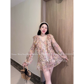 Sét Áo sơmi tơ hoa bèo viền ren phối chân váy tơ xoè tầng cực xinh tiểu thư