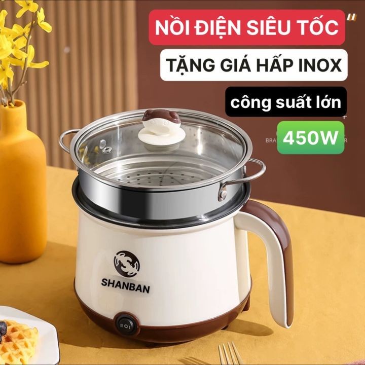 Ca Nấu Mì, Nấu Cơm Đa Năng Có Tay Cầm 1,8L - Nồi Lẩu Điện Mini Kèm Giá Hấp (SHANBAN).