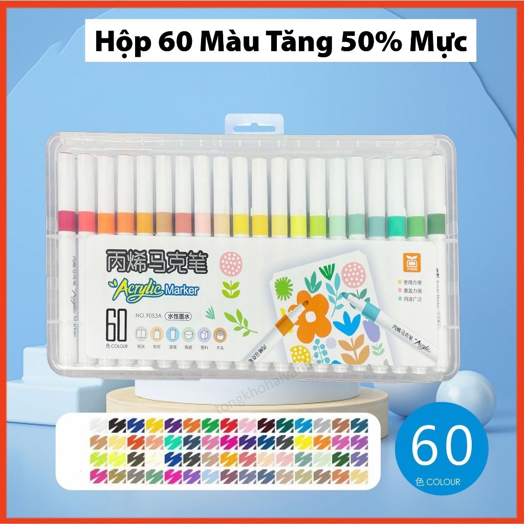 Bút Màu Acrylic Marker 12/24/36/48/60 Cao Cấp Màu Sắc Tươi Sáng - Bút Lông Màu