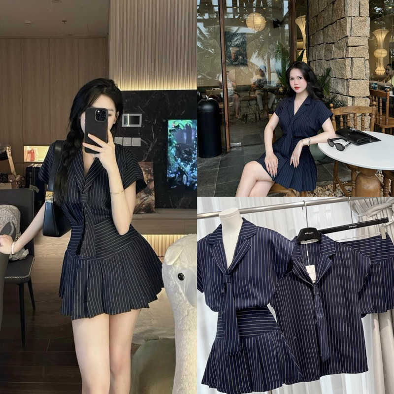 [ Hàng Có Sẵn ] Set Áo Sơ Mi Kẻ Cavat Mix Váy Ly