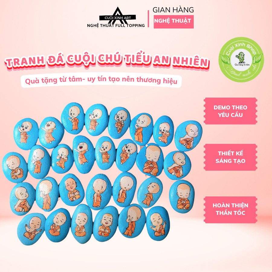 Tranh đá cuội phong thủy chú tiểu an nhiên Cuội Xinh Art