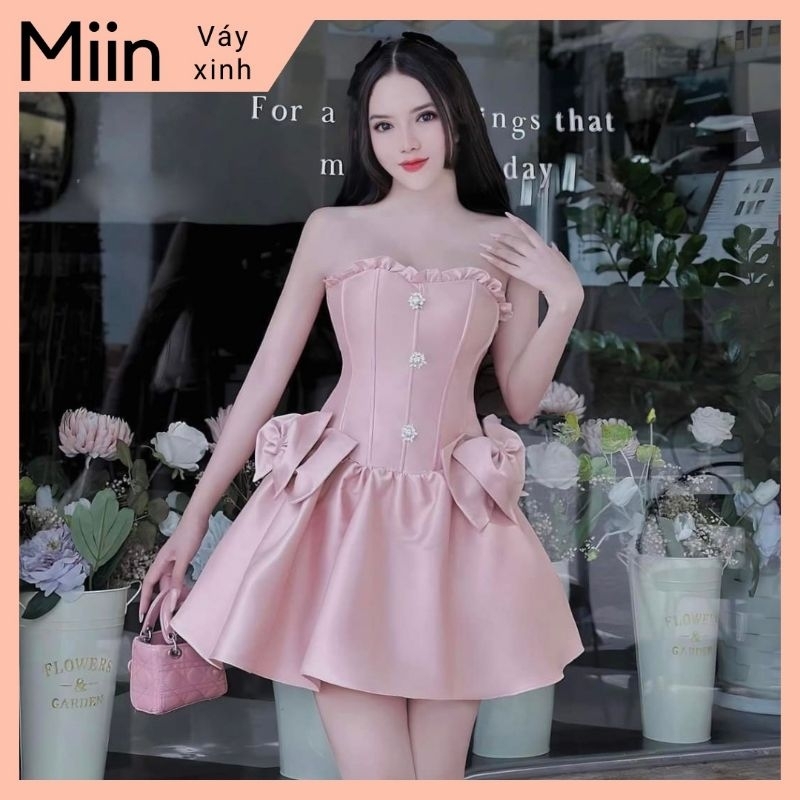 Váy tapta 2 dây nơ ngực đá hông