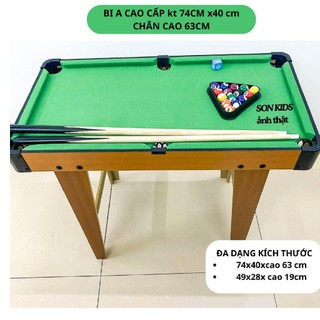 Bàn bi a chân cao 740x400x630 khung gỗ mặt nỉ cơ gỗ có lơ và tam giác chia bi, bi lăc bi a chân thấp nhiều kích thước
