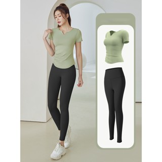 Bộ đồ tập gym nữ cộc tay, bộ thể thao nữ áo thun tay ngắn cổ v xiết eo quần legging ôm body co giãn thoáng khí SET16