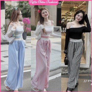 Set bộ đồ nữ 3 món áo hai dây mix áo trễ vai ngoài kèm quần suông dài caro phong cách năng động form 38-53kg