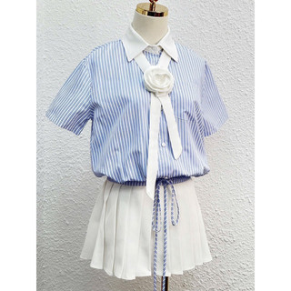 ❤️𝐀𝐒𝐇𝐘𝐋𝐄𝐘❤️Set bộ đồ áo sơ mi kẻ xanh mix tag hoa phối chân váy xếp ly chân váy sét