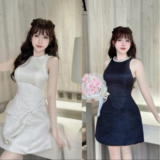 Đầm dự tiệc, váy đi tiệc gấm cổ tròn đính ngọc không tay sang trọng