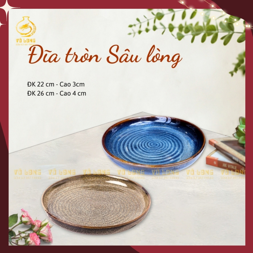 Đĩa tròn sâu lòng gốm Bát Tràng chính hãng, khay sứ tròn cao cấp