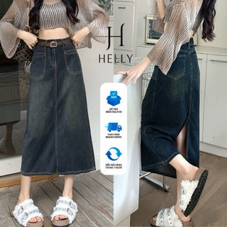 CHÂN VÁY BÒ DENIM TRƠN XẺ SAU DÀI QUA GỐI JEANS
