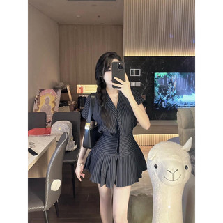 [ Hàng Có Sẵn ] Set Áo Sơ Mi Kẻ Cavat Mix Váy Ly