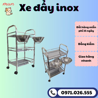 Xe đẩy inox 3 tầng spa kèm 2 bát nước, xe đẩy đựng dụng cụ