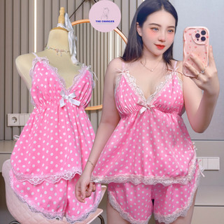 Đồ ngủ sexy bộ bigsize 2 dây lụa set mặc nhà 50-78kg quần ngắn phối ren thecharger