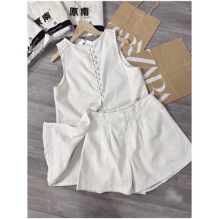 Set Bộ Áo 3 Lỗ Áo Sát Nách Kèm Quần Shorts Nữ Phối Cúc Bọc, Set Bộ Đồ Nữ Áo Cách Điệu Chất Linen Cao Cấp JUDIE.Closet
