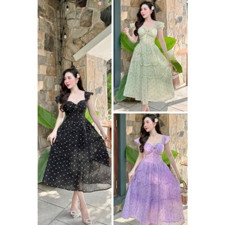  V76 Đầm Thiết Kế Cánh Tiên In Hình Nơ Có Đệm Ngực Chất Liệu Tơ Dệt Doll Diva