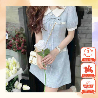 Đầm tiểu thư chất dạ phối nút siêu xinh - xanh dương