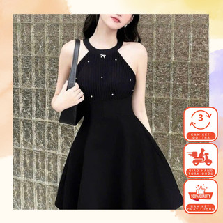 Đầm Cổ Yếm Dáng Xòe Chất Cotton Đính Đá Thời Trang