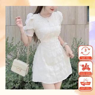 Đầm Cổ Tròn Tay Bồng Đính Ngọc Khoét Eo Xinh Xắn