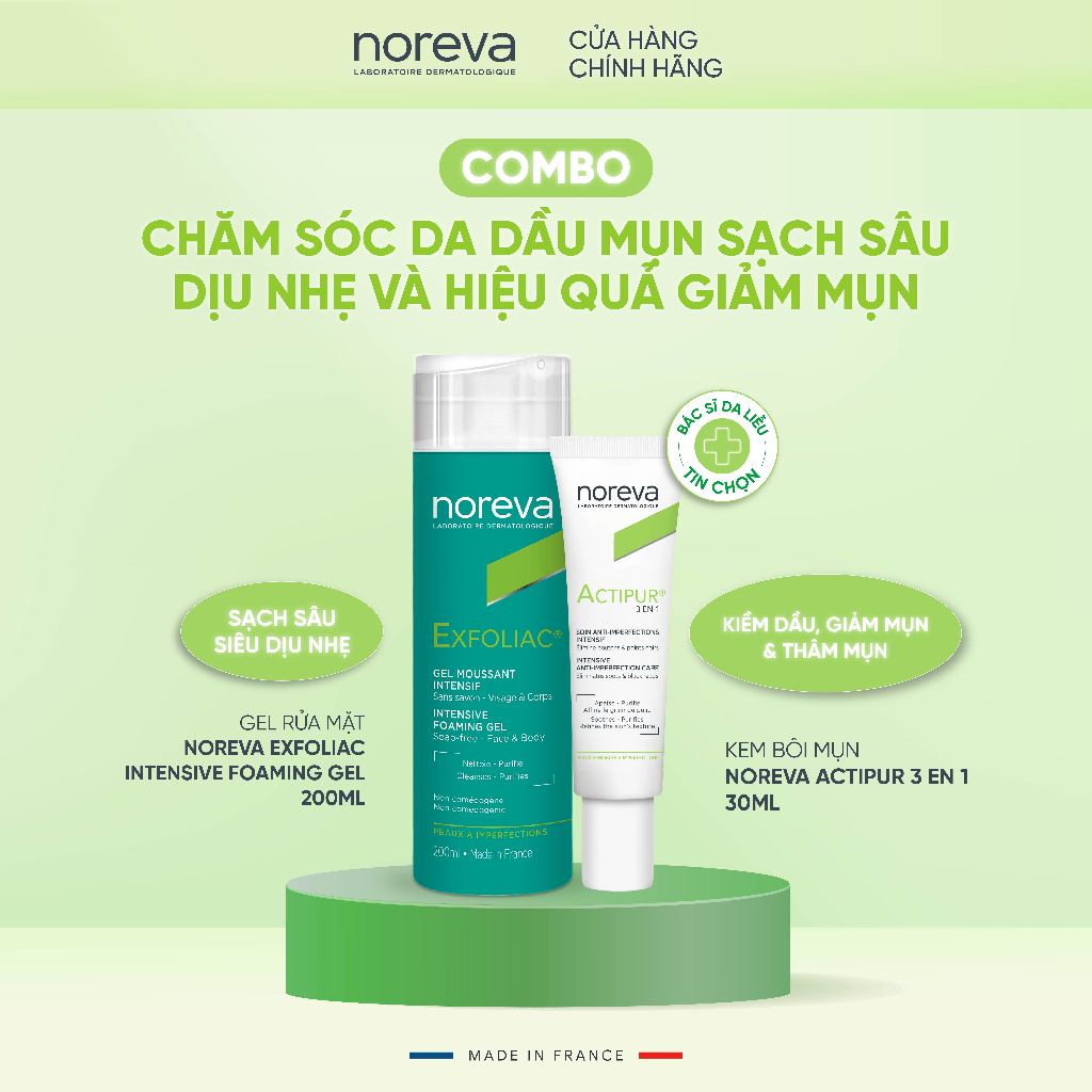 2 bước chăm da dầu mụn cùng sữa rửa mặt Noreva Exfoliac Intensive Foaming 200ml và kem mụn Noreva Ac