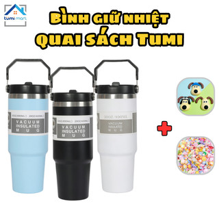 Bình giữ nhiệt 900ml TUMI quai sách, inox 304 kèm charm cún và sticker 3D, bình giữ nhiệt có ống hút