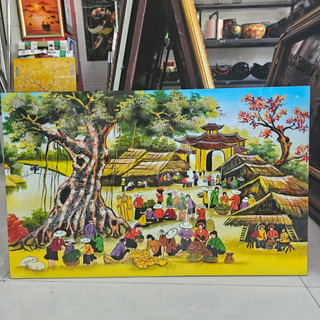 Tranh sơn mài đồng quê, chợ quê, phố cổ vẽ màu kết hợp cẩn ốc, vỏ trứng đẹp, hàng xuất khẩu 50x80 cm