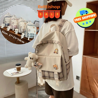 Balo đi học sọc caro đầy đủ phụ kiện FREESHIP Ba lô ulzzang chống nước B12 Nam Nữ Hàn Quốc