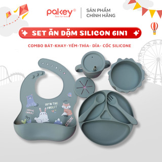 Set Ăn Dặm Silicone Cao Cấp Cho Bé 6in1, Bộ Dụng Cụ Ăn Dặm Gồm Khay + Yếm + Bát + Cốc + Dĩa - Thìa