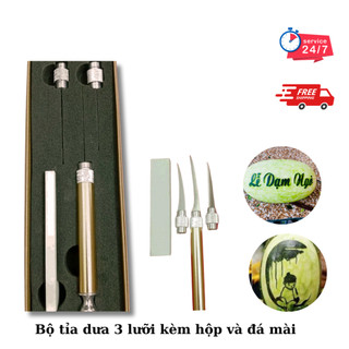 Dao tỉa hoa quả,dao tỉa dưa hấu dao 3 lưỡi kèm hộp,đá mài
