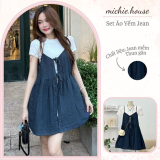 Set Áo Yếm Hai Dây Nữ Buộc Nơ Kèm Áo Thun, Chất Jean Mềm - Set Áo Pull Kèm Áo Hai Dây Bò Nữ Tính - Michie.house - S213