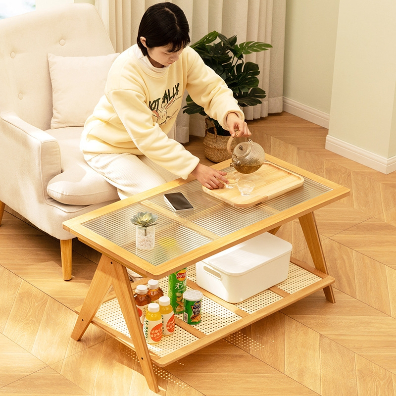 Bàn Trà Chữ Nhật 2 Tầng Mặt Kính Khung Tre, Bàn Cafe Decor Ban Công, Bàn Trà Phòng Khách Sang Trọng - Nội Thất Luna | BigBuy360 - bigbuy360.vn