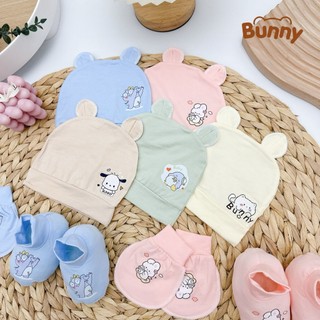 Set mũ bao tay bao chân cho bé sơ sinh Mingo Bunny in hình tông màu pastel vải Petit mềm mại mát